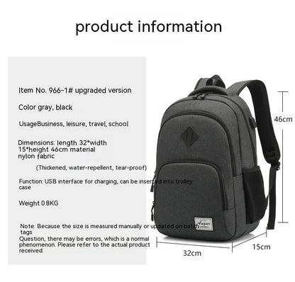 Grey lightweight backpack with USB charging port on shoulder strap.