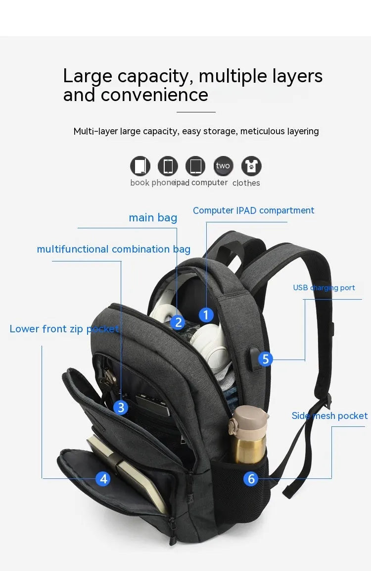 Grey lightweight backpack with USB charging port on shoulder strap.