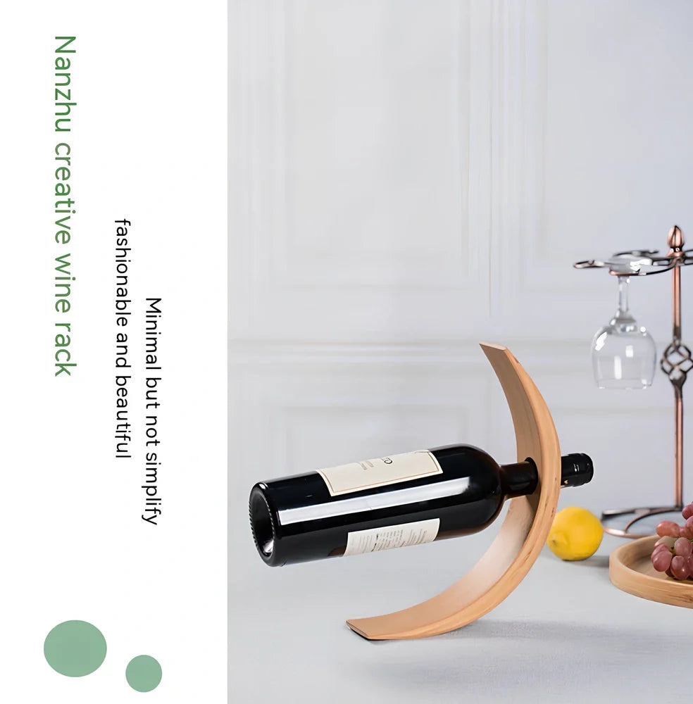 Natural bamboo wine bottle rack holding six bottles with wood grain visible