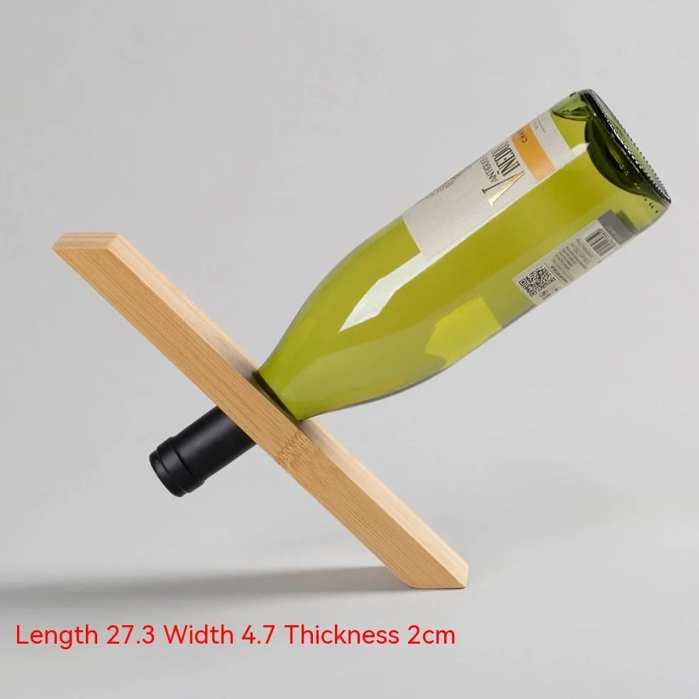 Natural bamboo wine bottle rack holding six bottles with wood grain visible