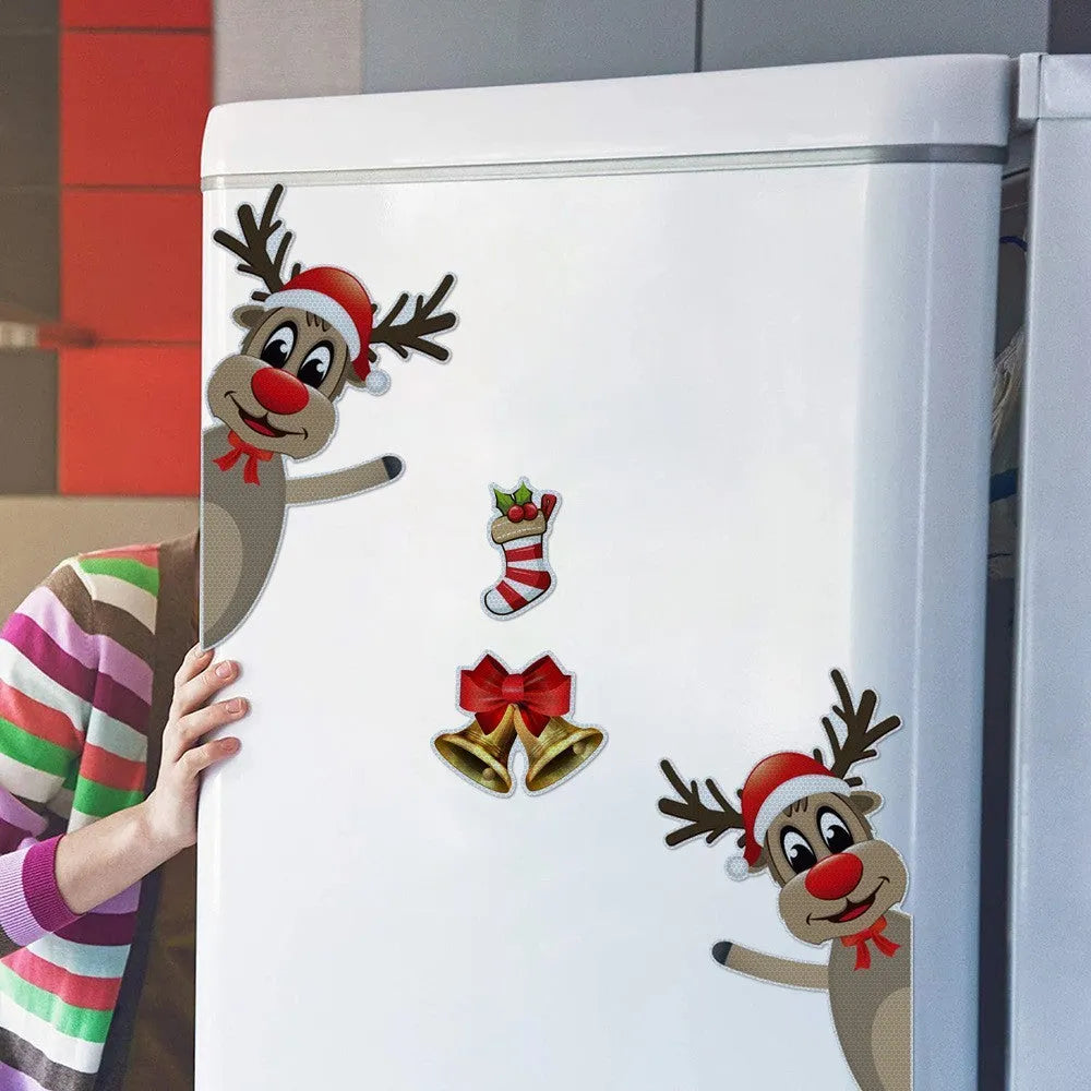 Cartoon Christmas elk bell design on a reflective magnetic luminous car bumper sticker.