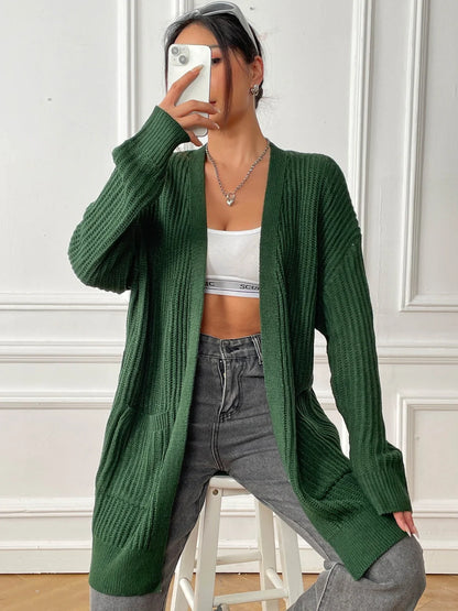 Women's dark green acrylic cardigan with two pockets and 65cm length