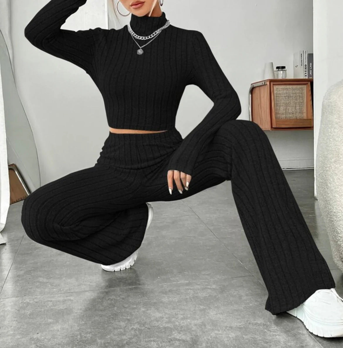 Women's cotton long sleeve turtleneck and wide leg high waist trousers suit in various colours