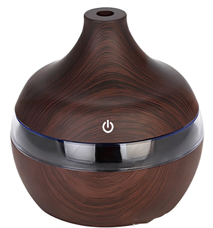 Compact wood grain USB humidifier with 300ml capacity, yellow wood-grain finish, LED lights, for aromatherapy misting