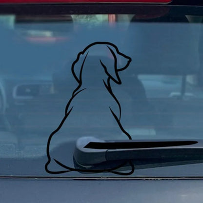 Cartoon dog rear wiper car sticker decal set showing black and white options with dimensions