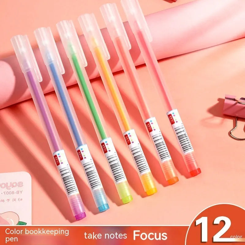 Colour box containing 12 assorted gel pens with 0.5 mm points, each in individual bags.