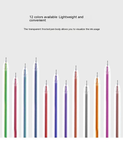 Colour box containing 12 assorted gel pens with 0.5 mm points, each in individual bags.