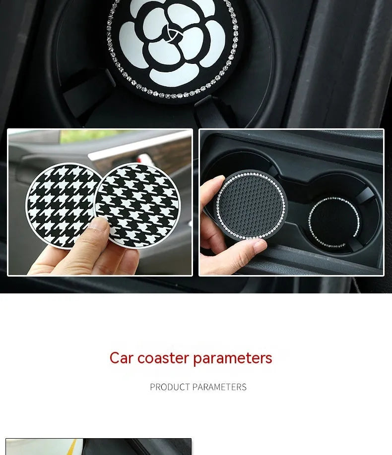 PVC plastic car cup holder mat with non-slip textured surface in black and white checkerboard pattern