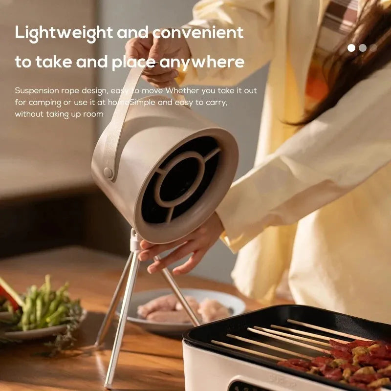 2024 portable desktop exhaust fan in Milky White colour with USB cable and tripod, dimensions 180x108x420mm