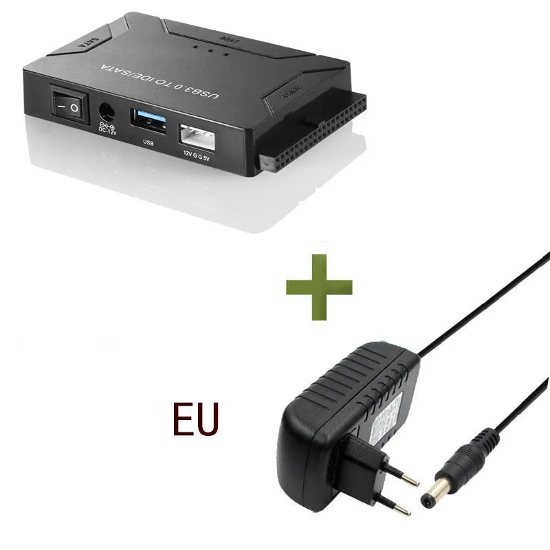 USB to IDE and SATA hard drive adapter with power supply and data cables for desktop drive connectivity