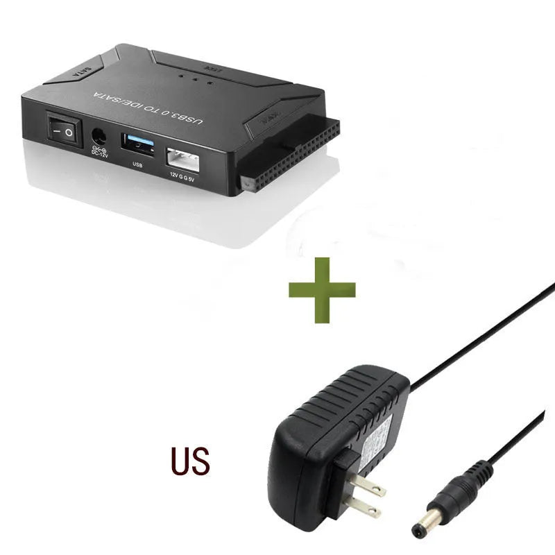 USB to IDE and SATA hard drive adapter with power supply and data cables for desktop drive connectivity