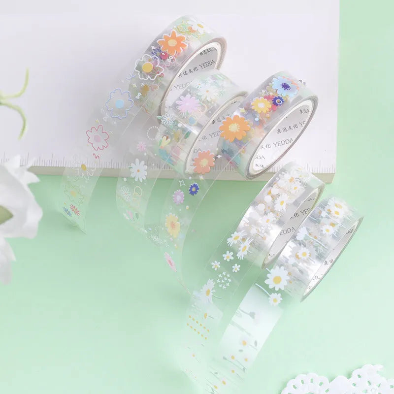Five rolls of transparent adhesive tape with Midsummer Daisy cartoon pattern for diary decoration