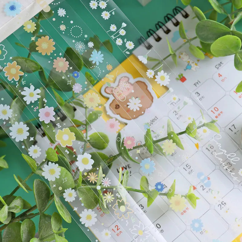 Five rolls of transparent adhesive tape with Midsummer Daisy cartoon pattern for diary decoration
