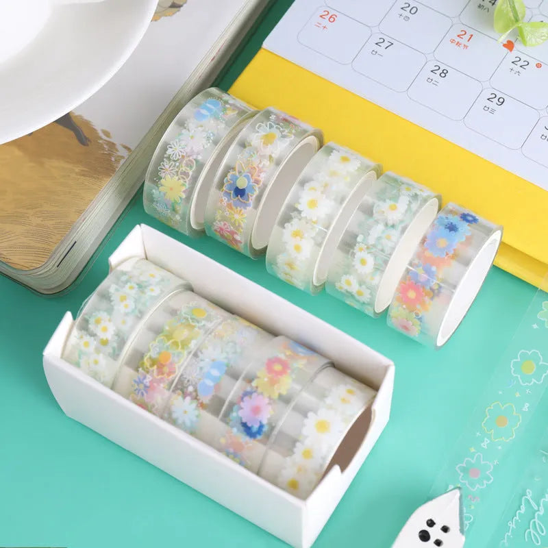 Five rolls of transparent adhesive tape with Midsummer Daisy cartoon pattern for diary decoration