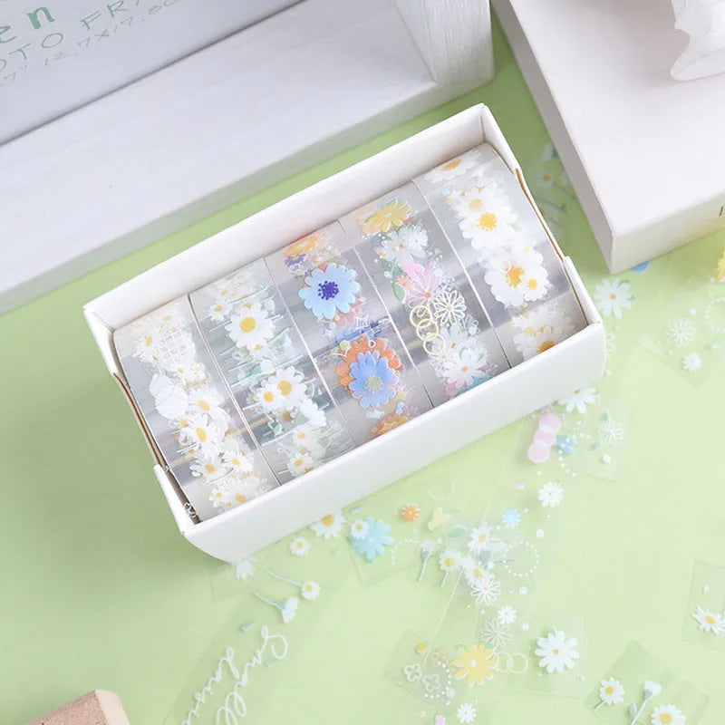 Five rolls of transparent adhesive tape with Midsummer Daisy cartoon pattern for diary decoration