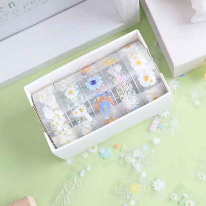 Five rolls of transparent adhesive tape with Midsummer Daisy cartoon pattern for diary decoration