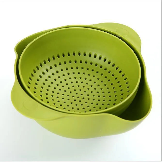 Blue double-deck plastic kitchen basket for washing rice, fruits and vegetables