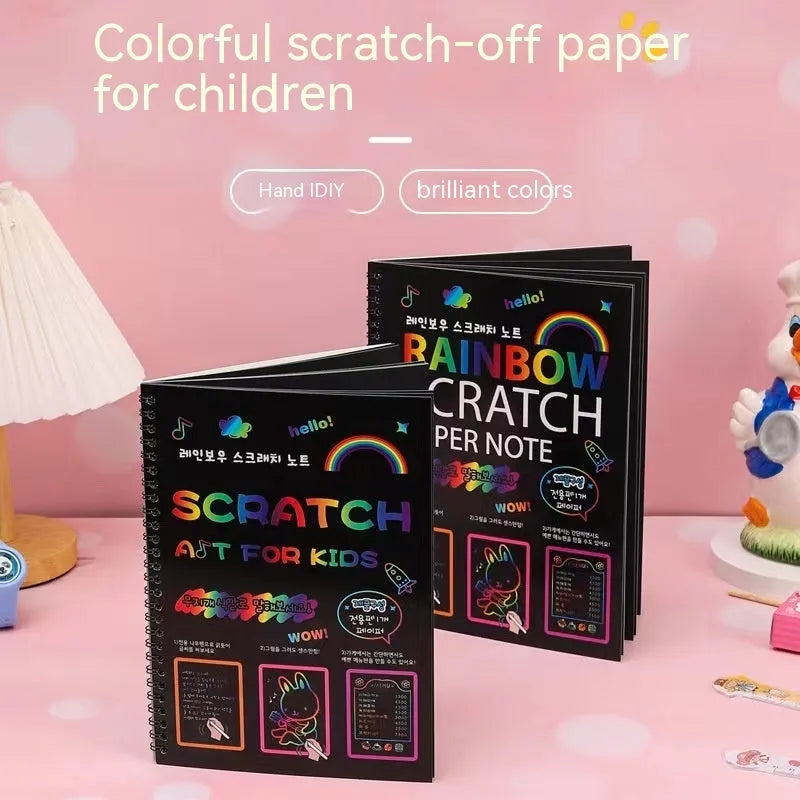 Children's large scratch art paper showing colourful patterns revealed through scraping