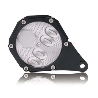 Black motorcycle tax disc holder with carbon fibre pattern and six-corner security screw