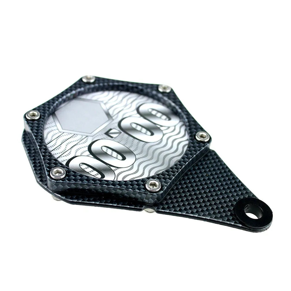 Black motorcycle tax disc holder with carbon fibre pattern and six-corner security screw