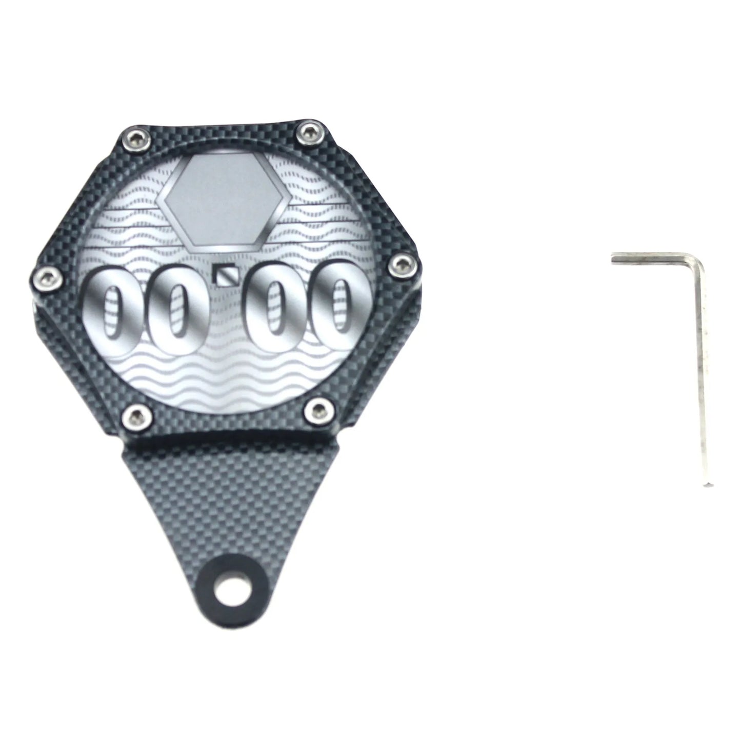 Black motorcycle tax disc holder with carbon fibre pattern and six-corner security screw