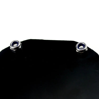 Black motorcycle tax disc holder with carbon fibre pattern and six-corner security screw