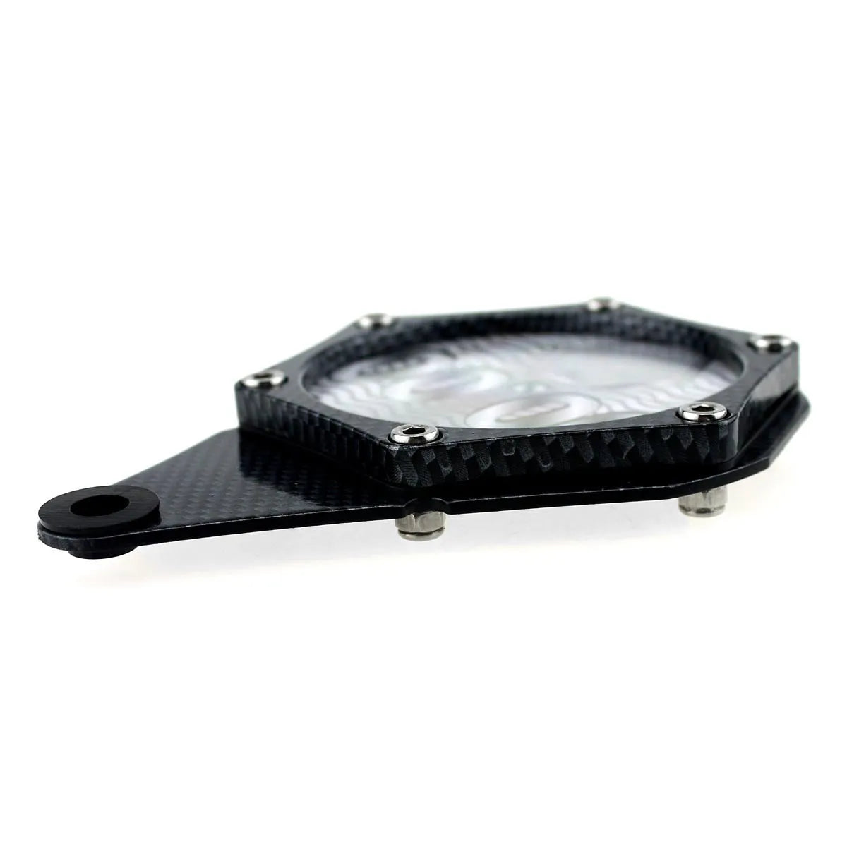 Black motorcycle tax disc holder with carbon fibre pattern and six-corner security screw