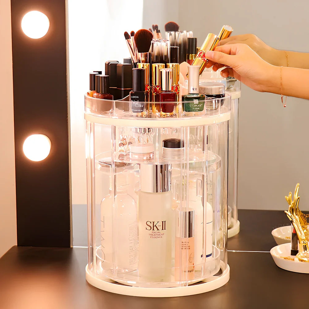 Transparent rotating cosmetics storage rack on table, diamond pattern style, holding skincare bottles, 25cm height