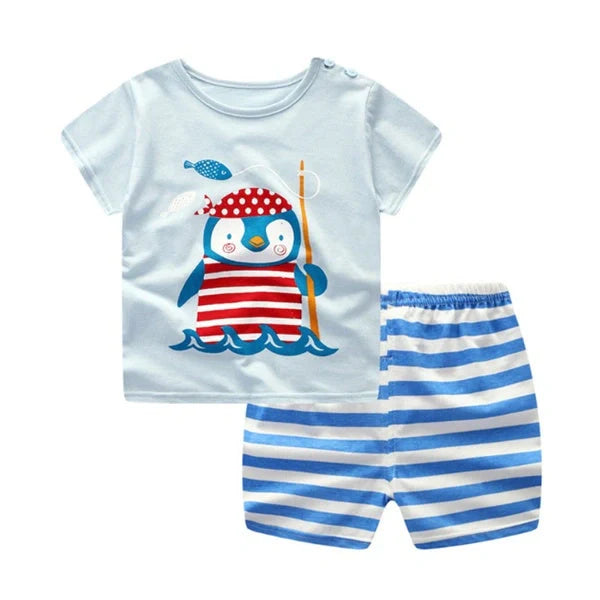 Cotton cartoon baby clothing sets for boys and girls with playful patterns