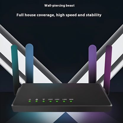 White or black 300Mbps wireless router with four antennas, 26cm wide, dual-band, EU/UK/US plug