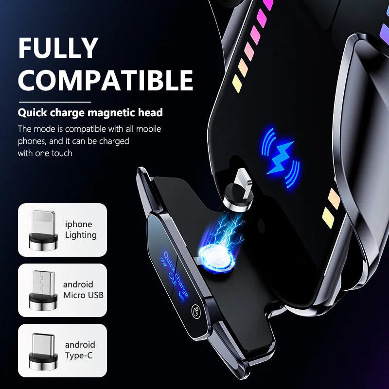 Car mobile phone holder with wireless charging and clamping mechanism in silver finish