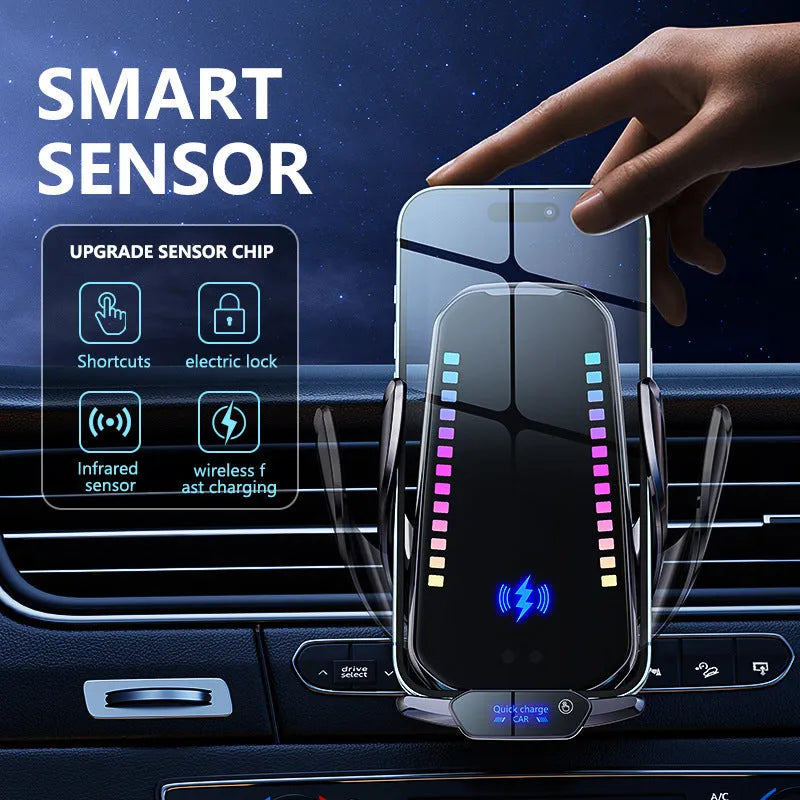Car mobile phone holder with wireless charging and clamping mechanism in silver finish