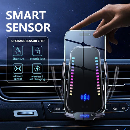 Car mobile phone holder with wireless charging and clamping mechanism in silver finish
