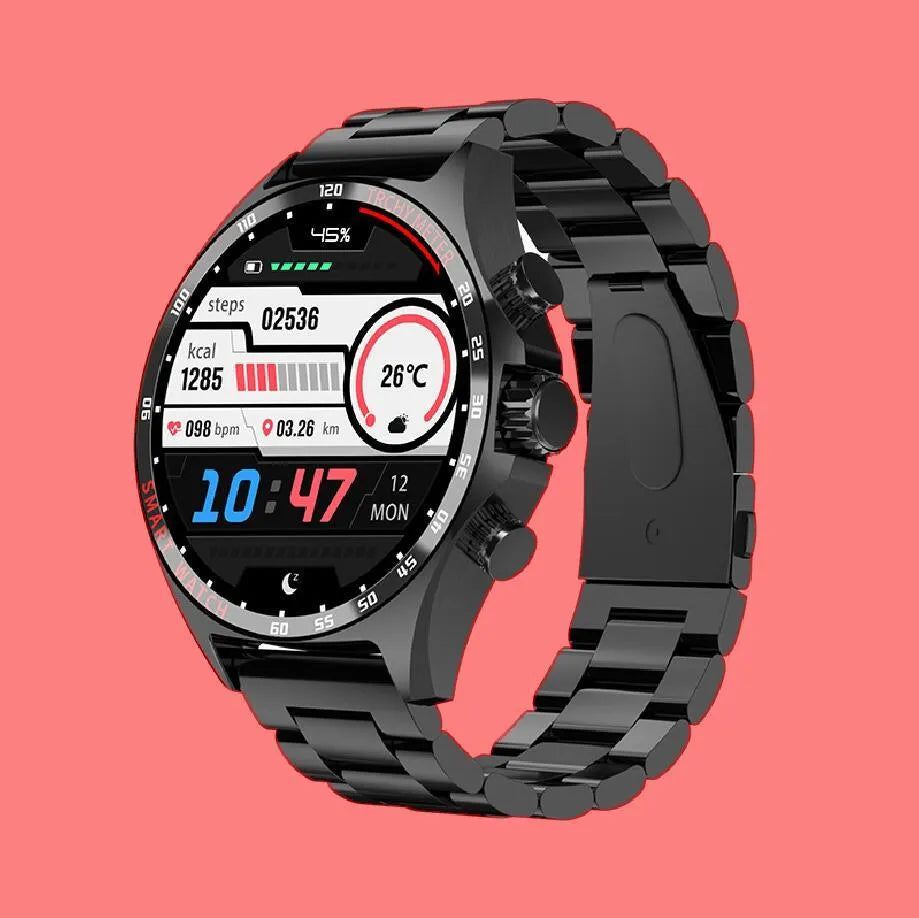 Smart watch with TFT display showing health metrics, available in black silver or gold colours