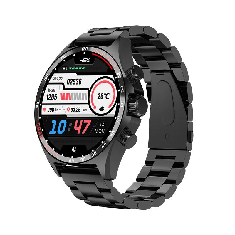 Smart watch with TFT display showing health metrics, available in black silver or gold colours