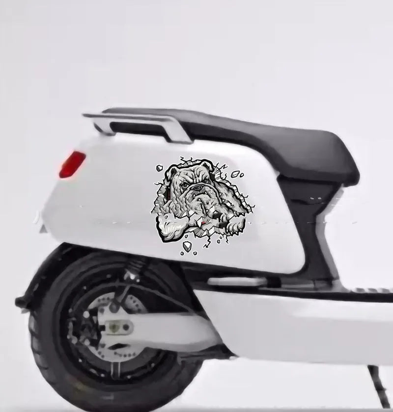 Grey dog pattern motorcycle decorative sticker, 17cm square, paper material.