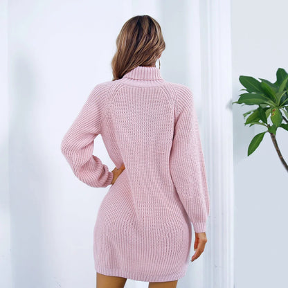 Cozy turtleneck sweater dress with button accent, available in various colors and sizes