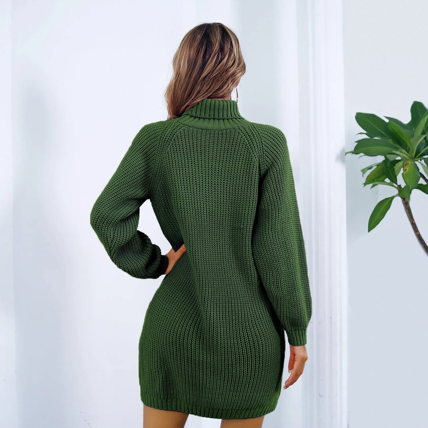 Cozy turtleneck sweater dress with button accent, available in various colors and sizes