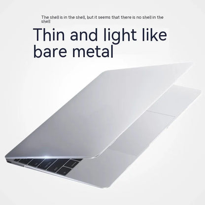 MacBook protective case in crystal transparent and frosted black finishes on a laptop.