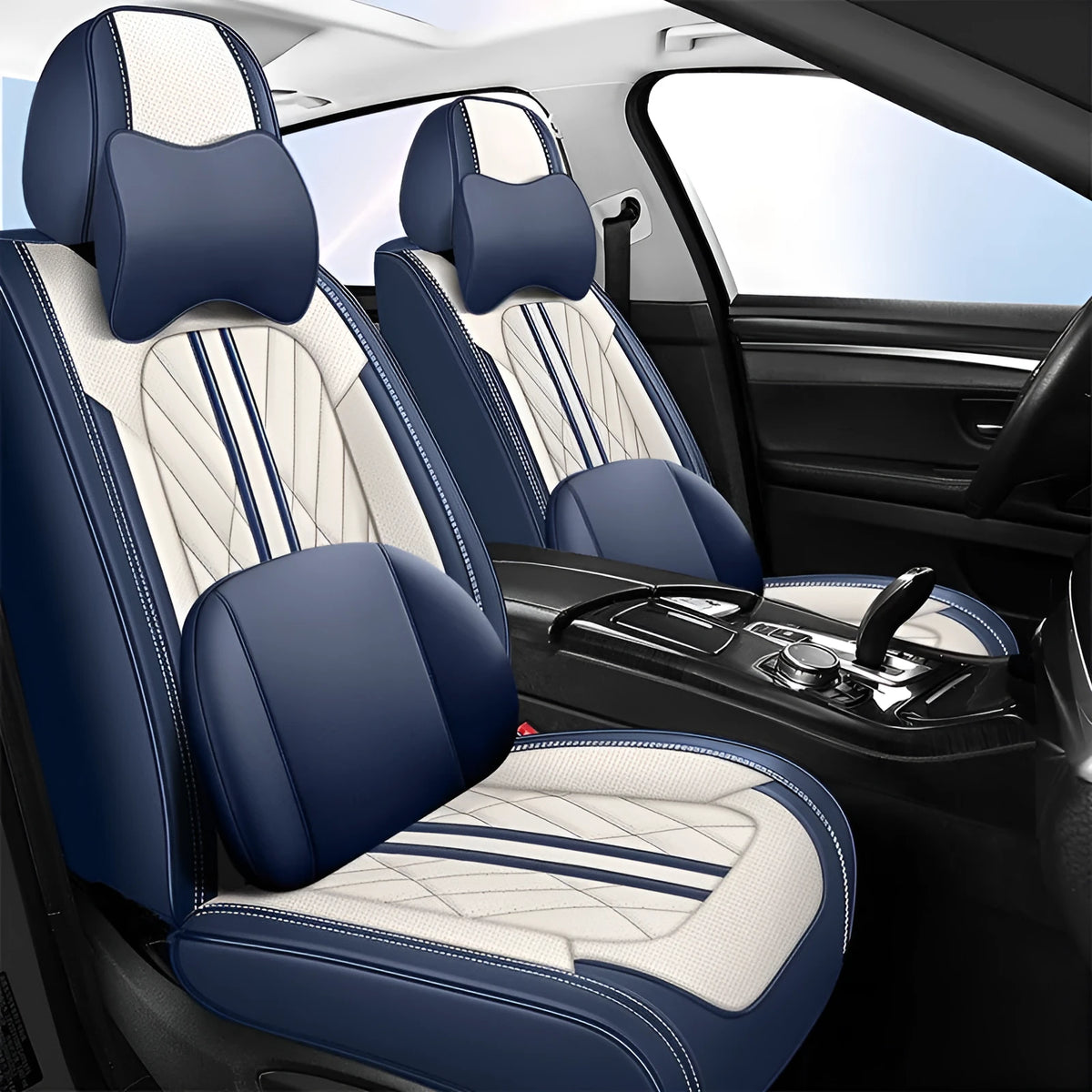 Five-seat car seat cushion set with leather covering in various colour combinations