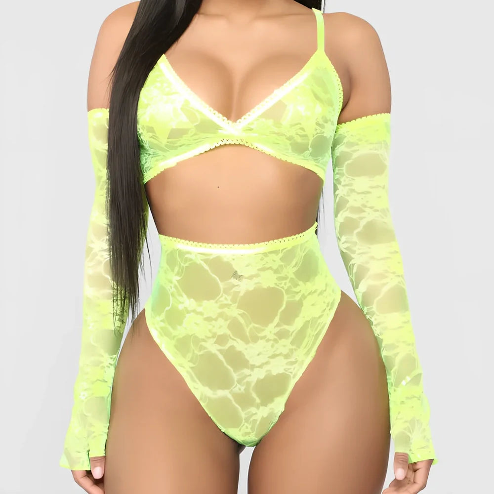 Women's fluorescent green three-point strap lingerie in sizes S, M, L, polyester construction with adjustable straps for secure fit