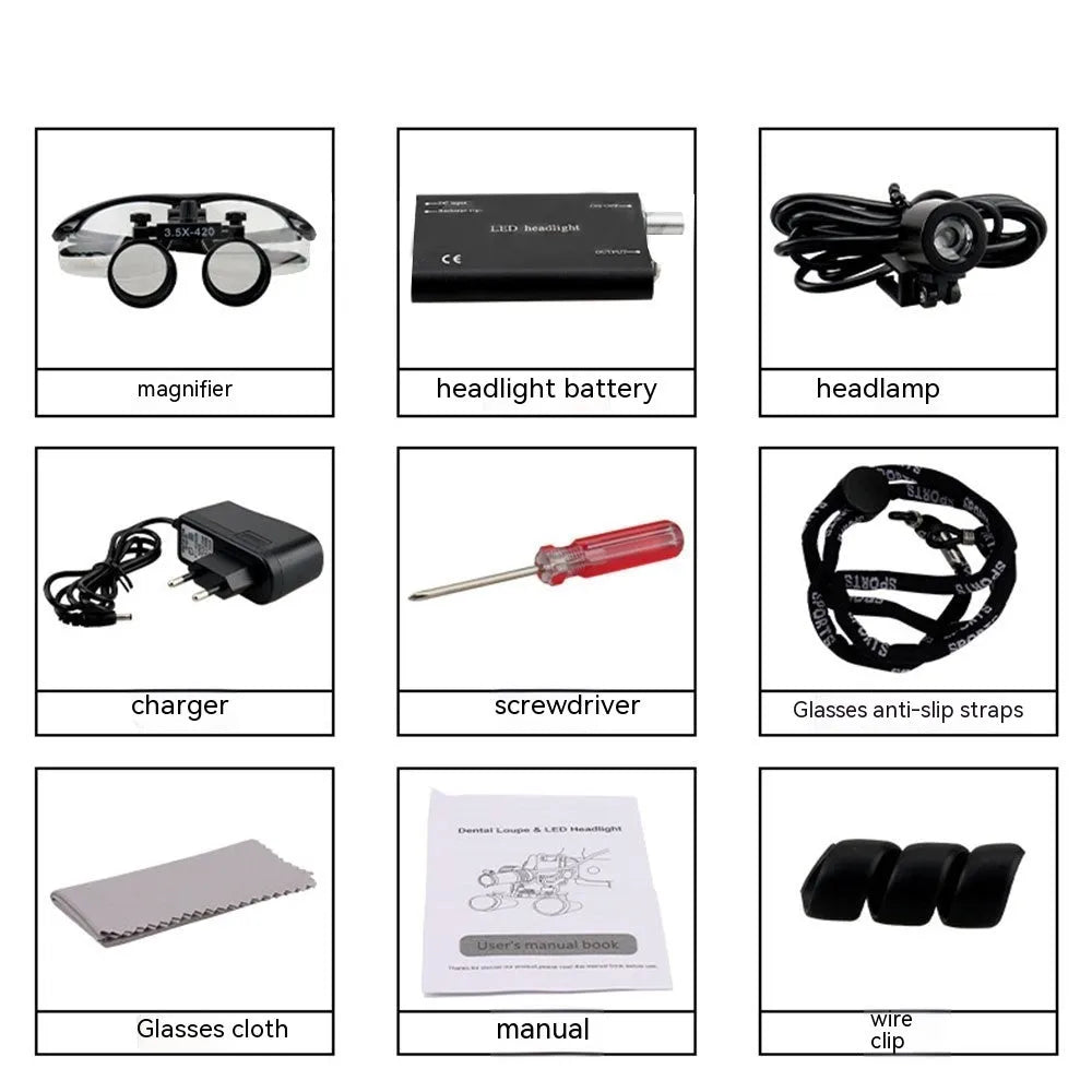 Black plastic head-mounted LED magnifying glass with 3.5X magnification lens for dental and close-up work
