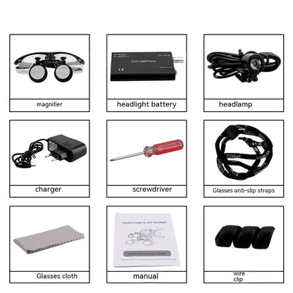 Black plastic head-mounted LED magnifying glass with 3.5X magnification lens for dental and close-up work