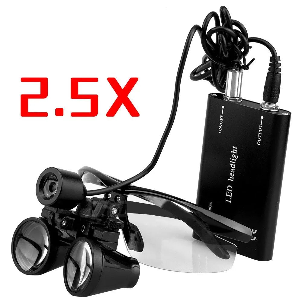 Black plastic head-mounted LED magnifying glass with 3.5X magnification lens for dental and close-up work