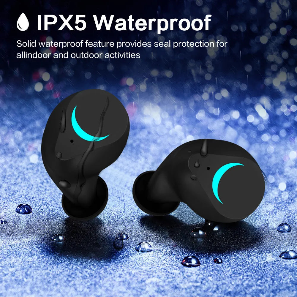 Black TWS Bluetooth earpieces showing left and right stereo units