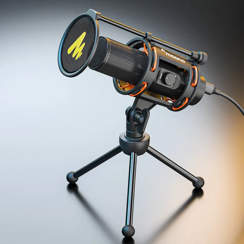Black USB condenser recording microphone with 1.8m cable and Type-C adapter for computers and mobile phones.
