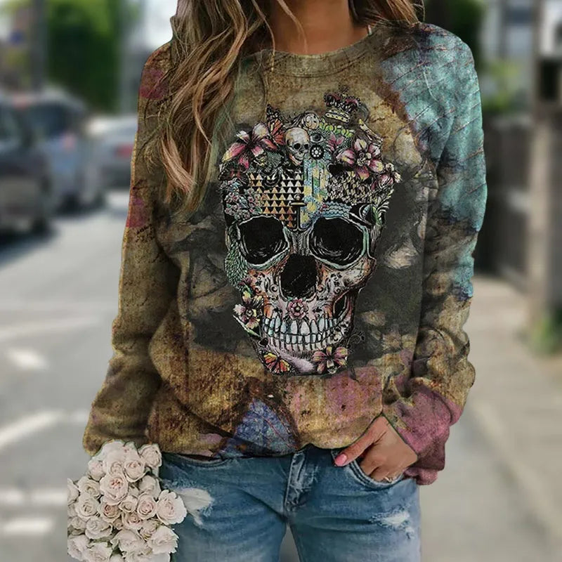 Black long sleeve sweatshirt with skull print design in polyester knit fabric