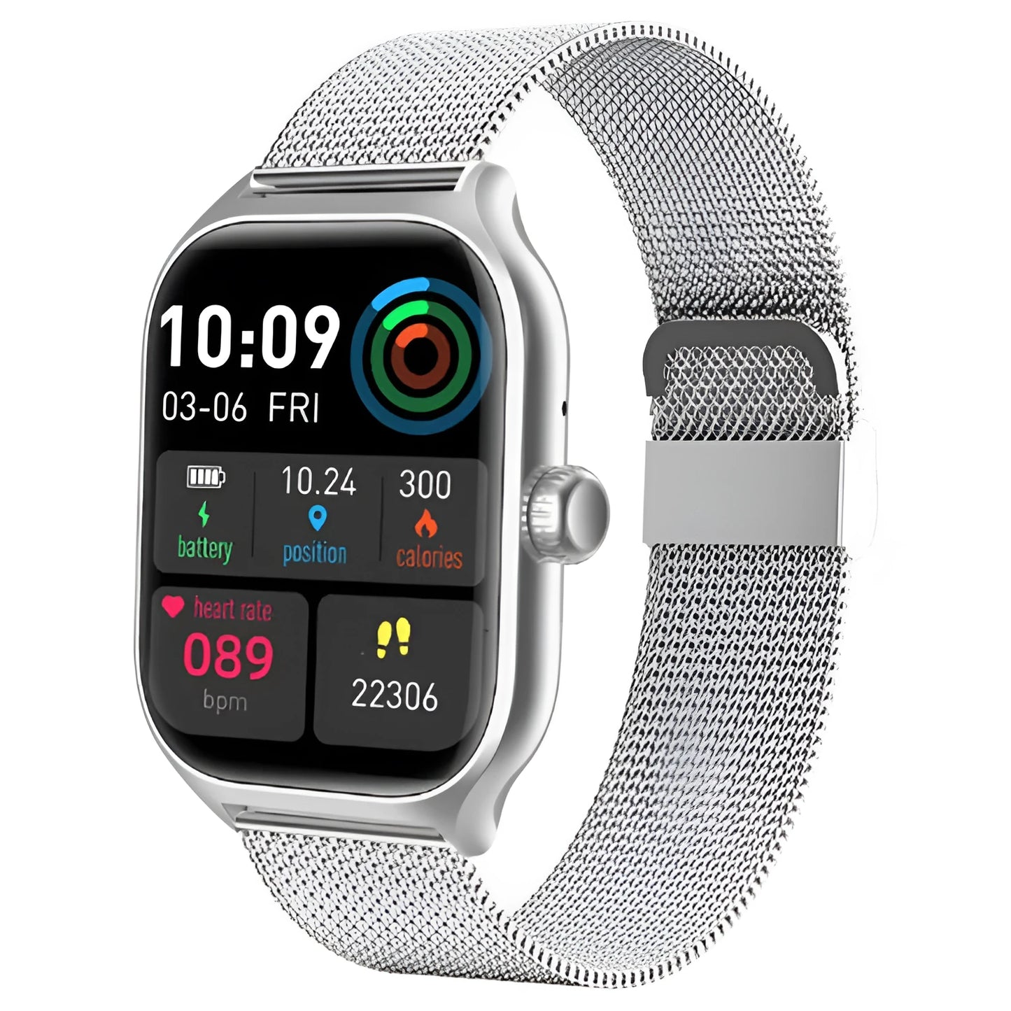Bluetooth smart watch with touch screen display showing health metrics on silicone strap