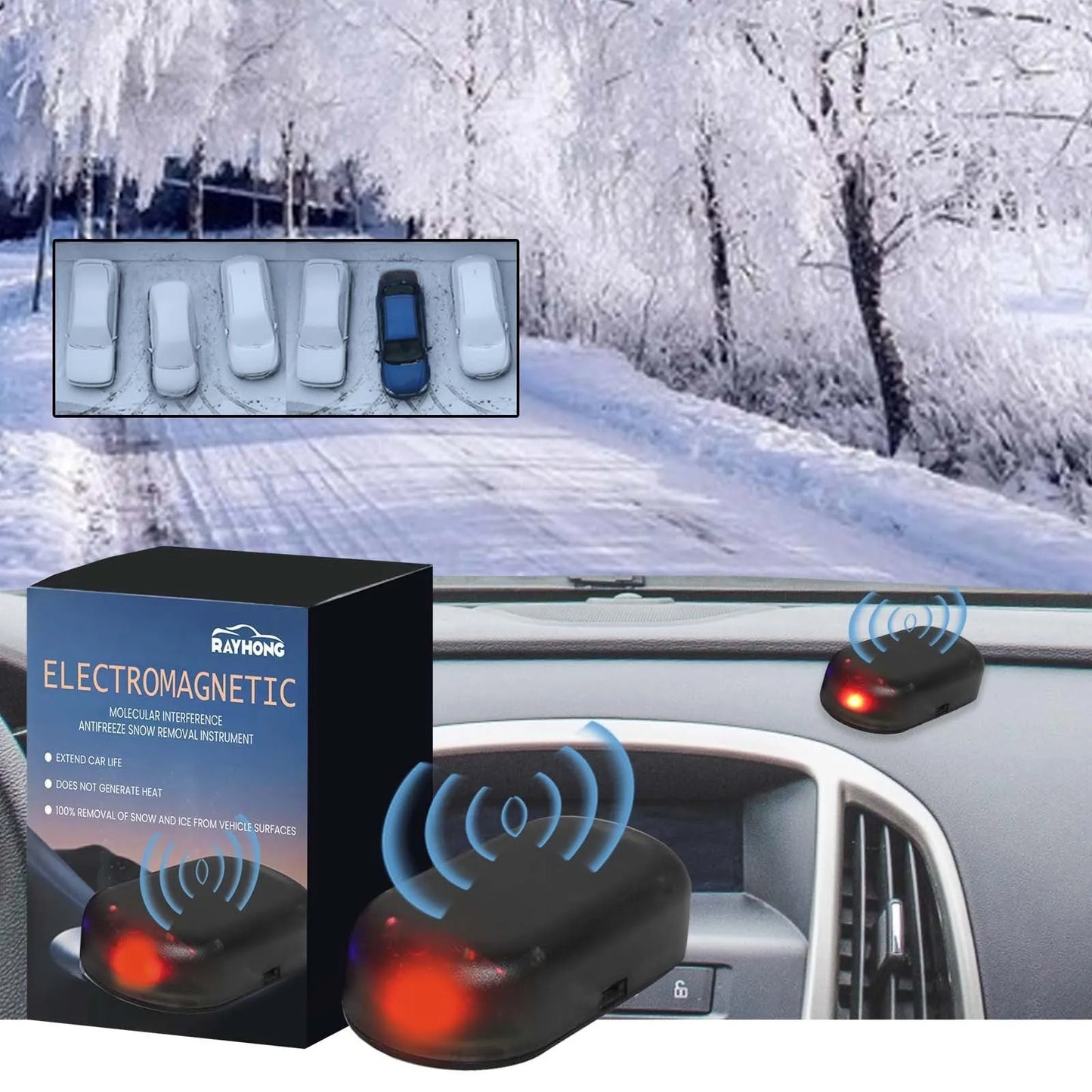 Black compact car de-icing tool for melting sleet and snow on vehicle windscreens.