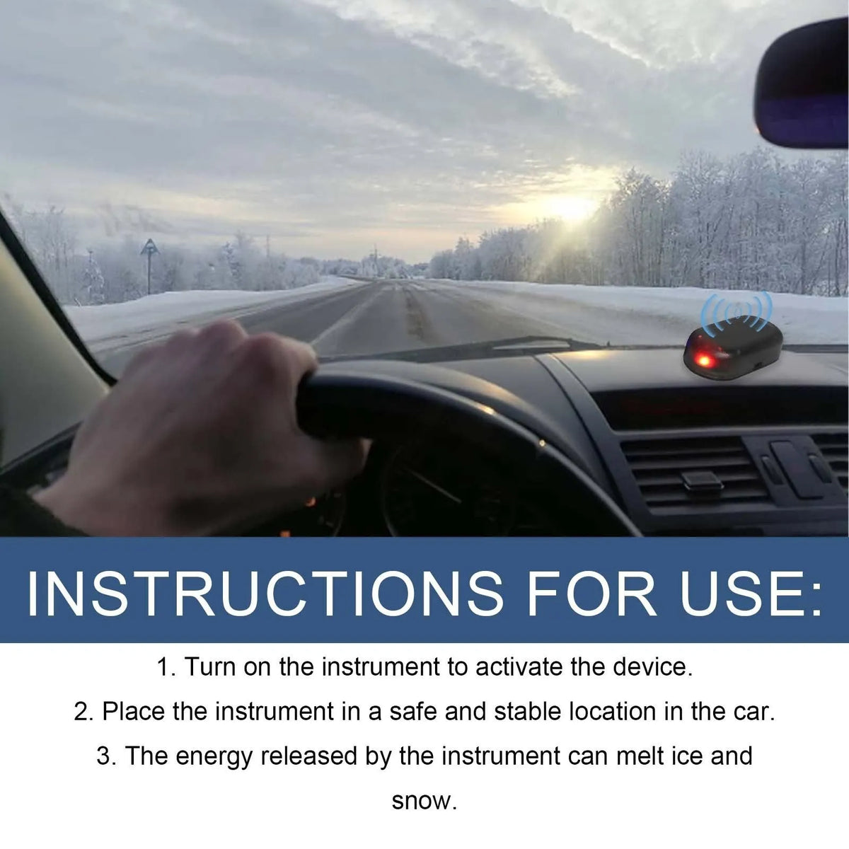 Black compact car de-icing tool for melting sleet and snow on vehicle windscreens.